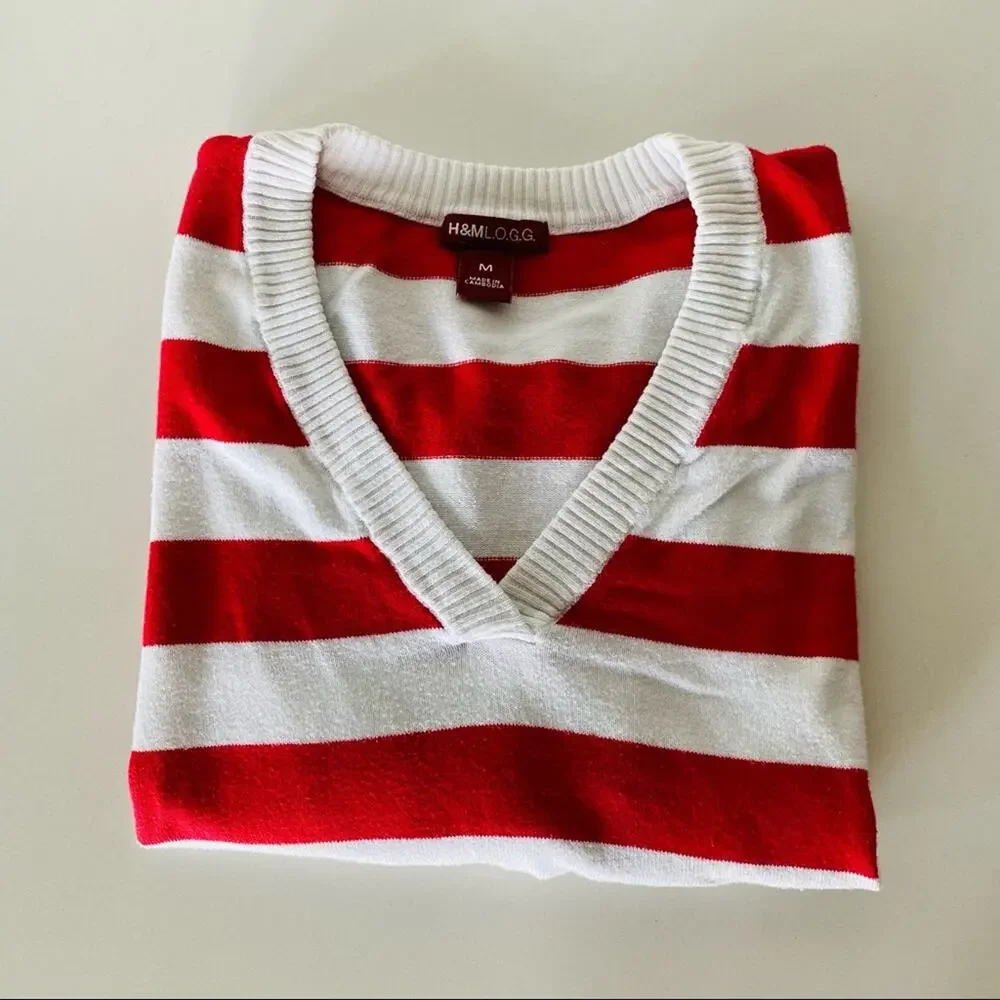 VINTAGE H&M LOGG Red White VNeck Striped 3/4 Sleeve Cropped Pullover Sweater M - Picture 9 of 9